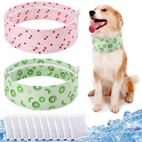 Bulyoou 2 Pack Dog Cooling Bandana Collar with 10 Ice Packs, Adjustable Cooling Neck Wrap for Dogs, Reusable Pet Scarf for Hot Weather Summer Cats and Dogs(M,Green Kiwi&Pink Cherry)