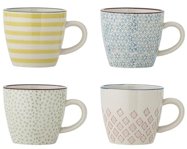 Bloomingville Patrizia Tassen 4er Set, Steingut Handbemalt, Bunt, 280ml, Ø 7,5 cm, Spülmaschinenfest, Skandinavisches Design