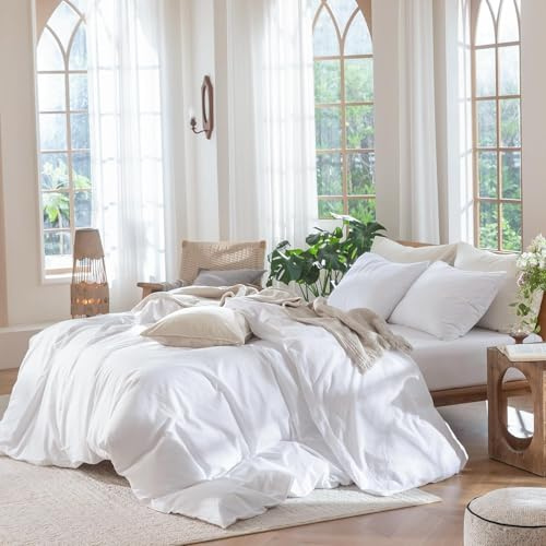 Luofanfei Housse de Couette 220x240 Blanc 100% Coton Parure de Lit Doux Respirant Linge de Lit 2 Personne avec Fermeture Éclair et Taies d'oreiller 65x65 cm