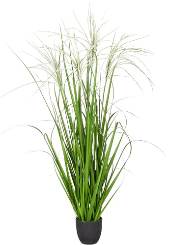 CREATIV green Künstlicher Grasbusch Ziergras Schilfgras Miscanthus 120 cm grün weiß mit 4 Halmen im Kunststofftopf 14 x 13 cm – realistisches Kunstgras für Wohnzimmer und Büro