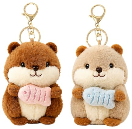 Tapufitil Set di 2 Portachiavi Hamster in Peluche, Portachiavi Peluche Hamste Simpatico Ciondolo Animale in Marrone e Marrone Chiaro, Morbido Peluche con Pesce per Zaino, Borsa e Regali