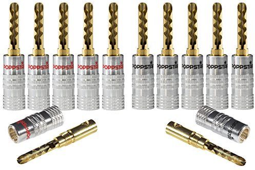POPPSTAR 12x Fiche banane de haute qualité avec trou transversal, pour câble de haut-parleur (jusqu'à 6 mm²), haut-parleurs, récepteurs, 24k contacts dorés (6x noir, 6x rouge)
