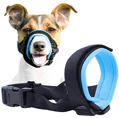 Gentle Muzzle Guard for Dogs - Prevents Biting and Unwanted Chewing Safely – New Secure Comfort Fit - Soft Neoprene Padding – No More Chafing – Training Guide Helps Build Bonds with Pet (M, Blue)