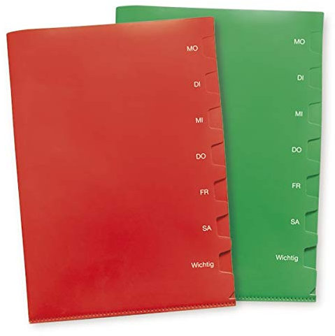 TimeTEX Wochentags-Mappe A4-Plus, 2 Stück, 7 Unterteilungen | Dokumentenmappe Set rot und grün