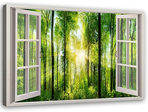 Feeby Bild auf Leinwand - Wandbilder Wohnzimmer Aesthetic - Fensterblick Wald Grün - 60x40 cm 1tlg - Schlafzimmer Wandekoration - Bilder Zimmer - Living Room - Deko Wandbilder - Moderne Bild