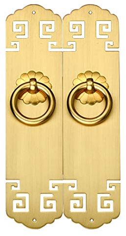 Tiazza 2Pcs Chinese Vintage Style Antique Brass Pull Handle Knobs Drawer Cabinet Bookcase Wardrobe Doors and Windows Straight Plate Single Hole Handle (Gold)