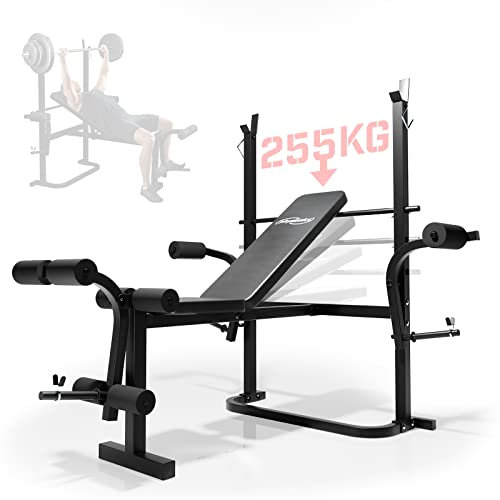 Physionics® Multifunktion Hantelbank - mit Ablage, Butterfly, Sit-Ups, Beinstrecker, Rückenlehne 4-fach Verstellbar, max. 255 kg - Kraftstation, Fitnessstation, Schrägbank, Trainingsbank, Bankdrücken