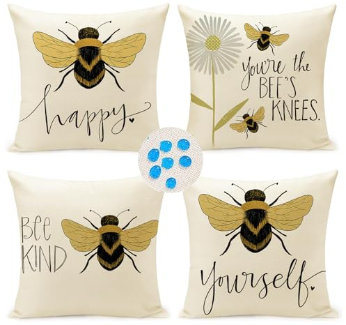 KUNQIAN Bee Cushions Cover Outdoor Waterproof Cushions Yellow Bee Pillow Covers Set of 4 Home Decorative for Sofa Linen Square Outside Office 18x18 Inch 45x45cm