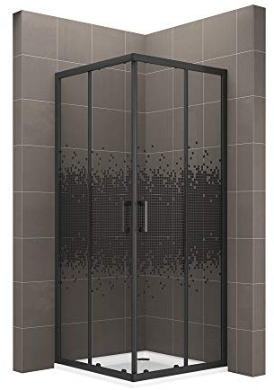 MOG Duschkabine 90x100 cm Höhe: 190 cm mit Schiebetüren Eckdusche mit Rollensystem aus 6 mm schwarz kariertem ESG Glas DK68