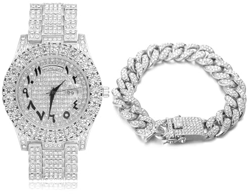 Halukakah Moissanit Diamanten Gold Uhr Iced Out, Herren Römische Zahlen 18k Echtgold/Platin Vergoldetes Quarzarmband 24cm, mit Kubanische-Kette Armband Halskette Set-Optionen,mit Geschenkbox