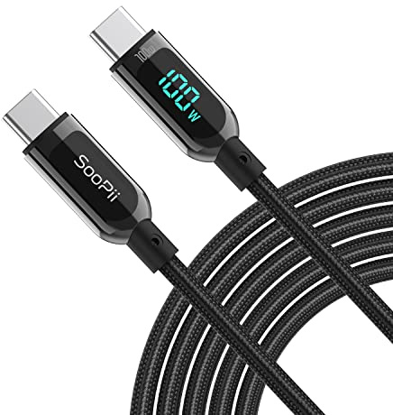 SOOPII 100W 4ft USB C to USB C Cable Fast Charge, Nylon Braided Cable with LED Display for lPhone 16/15 Pro/15 Plus/15 Pro Max,lPad Air,MacBook Pro,Galaxy S24/S23, Pixel, LG (Black)
