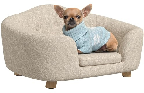 PawHut Divano per animali domestici, letto per cani, divano per cani, divano con cuscino, tasca posteriore in peluche, in legno di pino bianco, 70 x 47 x 30 cm
