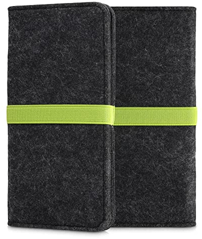 kwmobile Filz Tasche für Smartphones - mit Gummiband - Handy Filztasche Schutztasche in Dunkelgrau Neon Grün - 17,2 x 8 cm Innenmaße