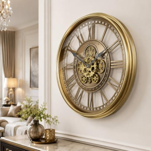 TOKTEKK Wanduhr Große 53cm mit Bewegliche Zahnrad, Vintage Retro Industriell Metall Wanduhr Romische Zahlen für Zimmer Zuhause KüChe Schlafzimmer Büro Schule(Vintage Bronze)