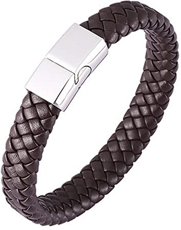 KnSam Lederarmband Jungs, PU Leder Bettelarmband Weihnachten Gewebt Herren Lederarmband Gravur Edelstahl Handhandgelenk Kette Silber mit Magnet Verschluss, Länge 18.5CM Männer Geschenke