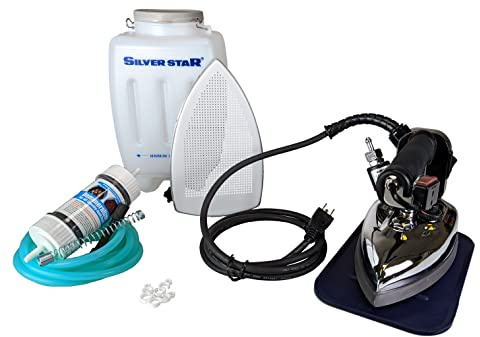 Silver Star ES-85AF Steam Iron – 110 Volt Gravity Fed Hanging Bottle Clothes Iron with Non-Stick Laminate Sole Plate, Demineralizer Cartridge, Silicon Iron Rest & Hardware