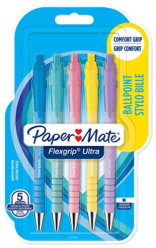 Paper Mate Flexgrip Ultra bolígrafos pastel retráctil | punta mediana (1,0 mm) | tinta azul | paquete de 5