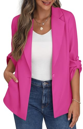 PrinStory Americana abierta para mujer, chaqueta de manga ajustable con botones y bolsillos