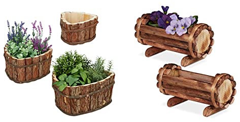 Relaxdays Vasi in Corteccia, Set 3 Portavasi per Il Balcone & Il Davanzale, Fioriera, Portafiori 3 Misure, Naturale & Vasi in Corteccia, Set 2 Portavasi in Legno dall’Effetto Bruciato