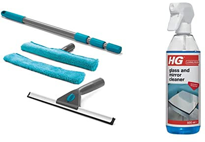 Beldray LA028693TQ 5 Piece Large Window Cleaning Set with Telescopic Handle, Squeegee Wipers and Microfibre Pads, Turquoise & HG Glass and Mirror Cleaner, Streak-Free Glass Cleaner, (500ml)