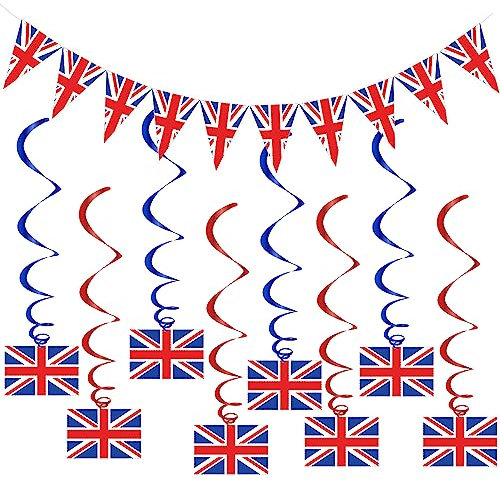 Union Jack Bunting Triangle Flags with 8 pcs Union Jack Hanging Swirl Decorations British Celebration Banner Kit England Flag String for National Day Parades Royal Party Decorations