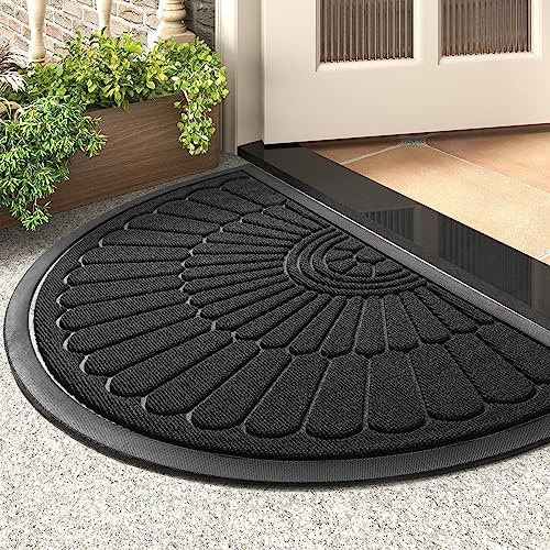 tchdio Door Mat Outdoor Indoor Entrance Doormat-Semicircular Durable Rubber Non Slip Front Door Mat for Outside Inside Entry Entryway Dirt Trapper WelcomeMat for Muddy Paws and Shoes-Black 17”x30”