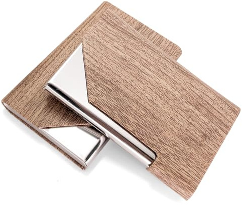 Senbaler 2 Pezzi Porta Biglietti da Visita Portatile in Metal,Custodia in Pelle PU,Porta Carte Credito Tascabile Professionale per Uomo Donna (colore del legno)
