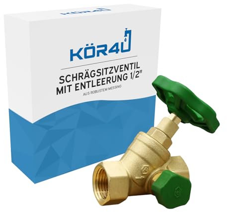 kör4u Schrägsitzventil 1/2 Zoll, Messing, steigende Spindel, beidseitigem Innengewinde, Trinkwasser geeignet (1/2 mit Entleerung)