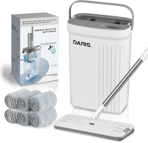 Bodenwischer Set mit Eimer,trennt Schmutz von Frischwasser,Bodenwischer mit Auswringfunktion,6 Mikrofaser Mehrweg Wischpads Enthalten für alle Hartböden,innovatives 3 Kammer Wischmop Putz