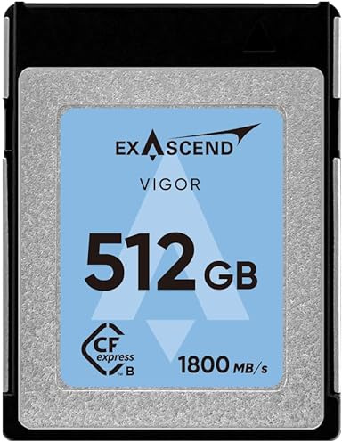 Exascend VIGOR PRO-CINEMA 512 GB CFexpress Tipo B Velocità di scrittura 1700 MB/s Velocità di scrittura 1800 MB/s Velocità di lettura per video RAW 8K Per DSLR e videocamere professionali