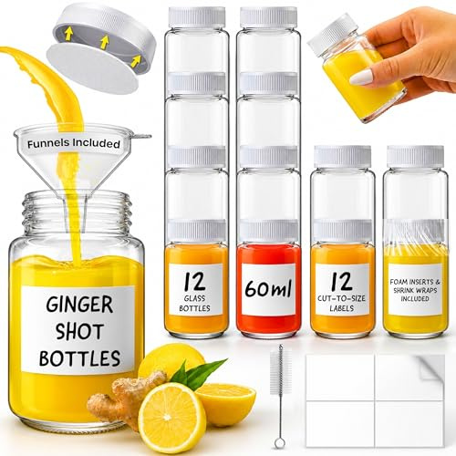 volila Mini Botellas de Cristal con Tapas - Paquete de 12 Shots Botellitas de Vidrio de 2oz/60ml con Embudo, Etiquetas, Envoltura Termocontraíble, Cepillo de Limpieza y Inserto de Espuma Extra
