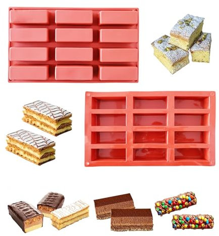 Half Forest 2 Piezas Barras De Molde De Silicona Moldes Silicona Reposteria Con 12 Compartimentos Para Barras De Muesli, Chocolate, Pan, Pudín, Brownie, Tarta De Queso Y Jabón (Rojo)