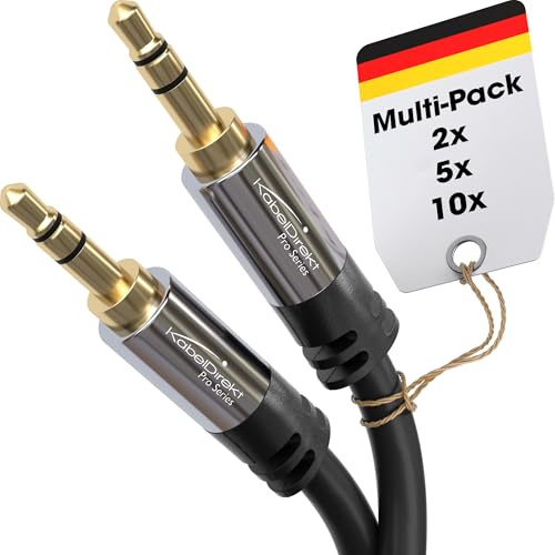 KabelDirekt – Aux-Audio-Klinkenkabel 3,5mm – 5x3m – Metall | 5er-Set 3,5-mm-Stereo-Audiokabel für Kopfhörer, Handy, PC, Auto & HiFi – vergoldete Stecker, mehrlagig geschirmt, schwarz