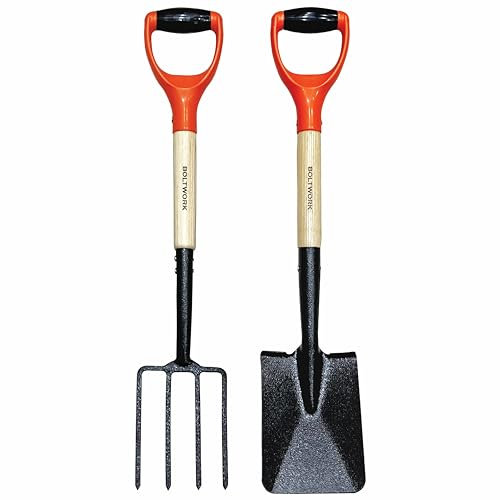 BOLTWORK Schaufel & Gartengabel-Set, Mikro, 76 cm lang, zum Graben von Erde, gehärtete Gabelköpfe, Klingen, Holzschaft, PVC-Griff, 1 % des Verkaufswerts, wird an Kinderkrankenhaus gespendet