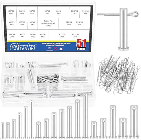 Glarks 51pcs 18 dimensioni Set di perni a testa piatta a foro singolo, M5 M6 M8 M10 M12 perni a clevis in zinco bianco, perni a cerniera di collegamento