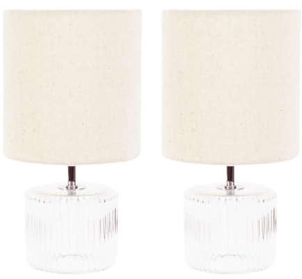 ValueLights | Pair of - Clear Glass Base Table Lamp with Natural Fabric Drum Lampshade Living Room Bedside Light | Table Lamps & Home Improvements Essential