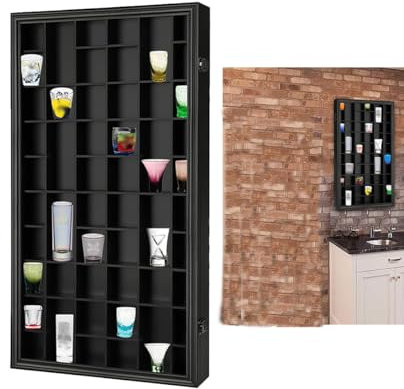 JUTSTJUKO Shot Glass Display Case Solid Wood Cabinet with Lockable Door Wine Cup Storage Box with Removable Shelves Wall Mounted Large Wooden Cabinet for Home and Store (Black, 52 Grids)