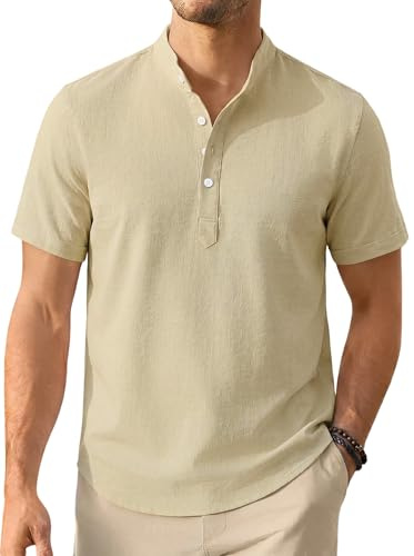 Enlision Hemd Herren Kurzarm Khaki Leinenhemd Stehkragen Hemd Ohne Kragen Herren Sommerhemden Freizeithemden Henley Shirt Regular Fit XL