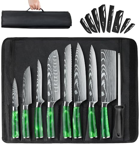 MDHAND Set de Couteaux de Cuisine, 8 pièces couteau cuisine professionnelle avec étui à roulettes, acier inoxydable à haute teneur en carbone extrêmement tranchant Ensemble de couteaux de cuisine