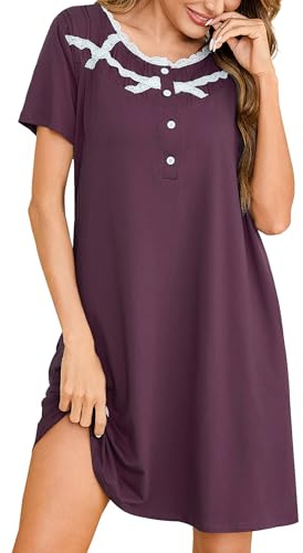 Litherday Chemise de Nuit Femme Coton Manches Courtes Vêtements De Nuit Boutonnée Devant Robe de Nuit Sexy Col en Dentelle Pyjama Casual Confort S-XXL