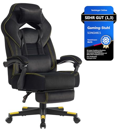 SONGMICS Silla Gaming, Silla de Oficina, Ordenador, Diseño Ergonómico, con Reposapiés, Reposacabezas Ajustable, Cojín Lumbar, Capacidad de Carga 150 kg, Negro Tinta OBG077B08