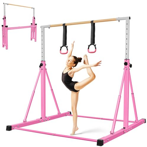 Foldable Gymnastics Bar, 105-155cm Height Adjustable Horizontal Bar, Training Bar for Kids Juniors, Safe & Sturdy Gym Equipment Ages 3-12, Play Bar with Easy Moving Wheels/Non-Slip Feet/Max Load 150kg