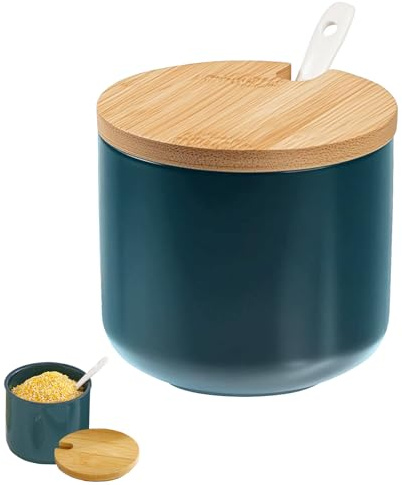 ORARTMM Salzdose aus Keramik mit Holzdeckel & Löffel,Eleganter Salzstreuer mit Deckel in Smaragdgrün,Moderner Salzbehälter für Küche & Tisch,Stylischer Salztopf mit Messlöffel