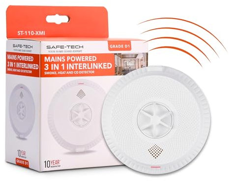 SAFE TECH Mains Powered Radio Interlink 3 In 1 Multi Sensor Smoke Alarm, Dual Interlink 230v Smoke Heat Carbon Monoxide 3 in 1 Alarm with 10 Year Battery, Hardwired Interlinked Smoke Alarm BS 5839‑6