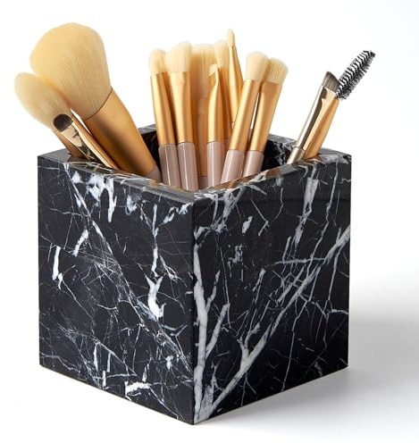 Quadratischer Zahnbürstenhalter und Make-up-Pinsel-Organizer aus Marmor, 9,5 cm, Naturstein, Stifthalter für Schreibtisch, Badezimmer-Arbeitsplatte, Marmor-Badezimmerzubehör in modernem Schwarz