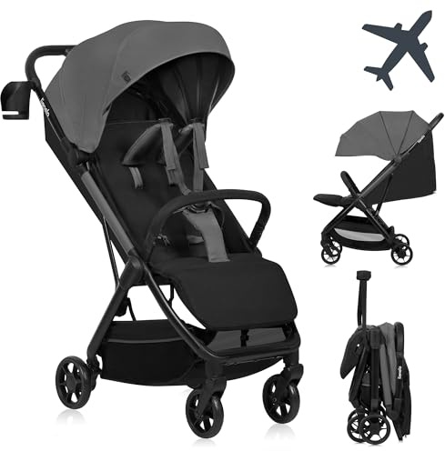 Lionelo Julie Air Buggy, Lätt 7,5 kg, Ultrakompakt Handbagage, Automatisk Hopfällning Auto-Folding, Axelrem, Plant Liggläge 83 cm, Fjädring, UPF 50+ XXL Kapell, (upp till 22 kg, från 6 mån), Grå