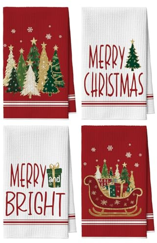 Artoid Mode Rot Kiefern Schneeflocken Sterne Weihnachten Bar Küchentücher Geschirrtücher, 42x65 cm Merry Xmas Mikrofaser Saugfähig Küchen Deko 4er Set