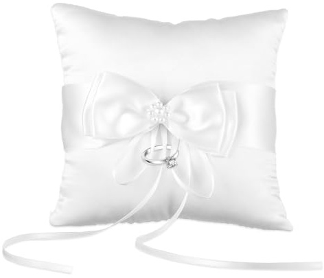 Styquenzer Wedding Ring Pillow, 5.5'' X 5.5'' Lovely Bud Bowknot Ring Bearer Pillow, Ring-Pillow for Rings Bearer Pearls Rings Cushion for Wedding Party Ceremony Proposal Bearers Cushion