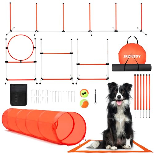 Dog Agility Course Backyard Set, Dog Agility Equipment, Pet obstacle Course Backyard with 6 Dual Mode Weave Poles, 2 Adjustable Hurdle, Jump Ring, Tunnel, Pause Box, Toy Balls and 2 Carrying Bags