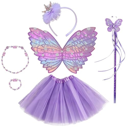 GWAWG 6 Stück Schmetterling Kostüm Kinder Feenflügel Kinder Schmetterling Kostüm Mädchen Schmetterlingsflügel Tutu Zauberstab und Haarreifen Halskette Armband Karneval Kostüm Requisiten